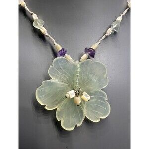 Carved Jade Flower W Amethyst Stone Chips Beaded Necklace